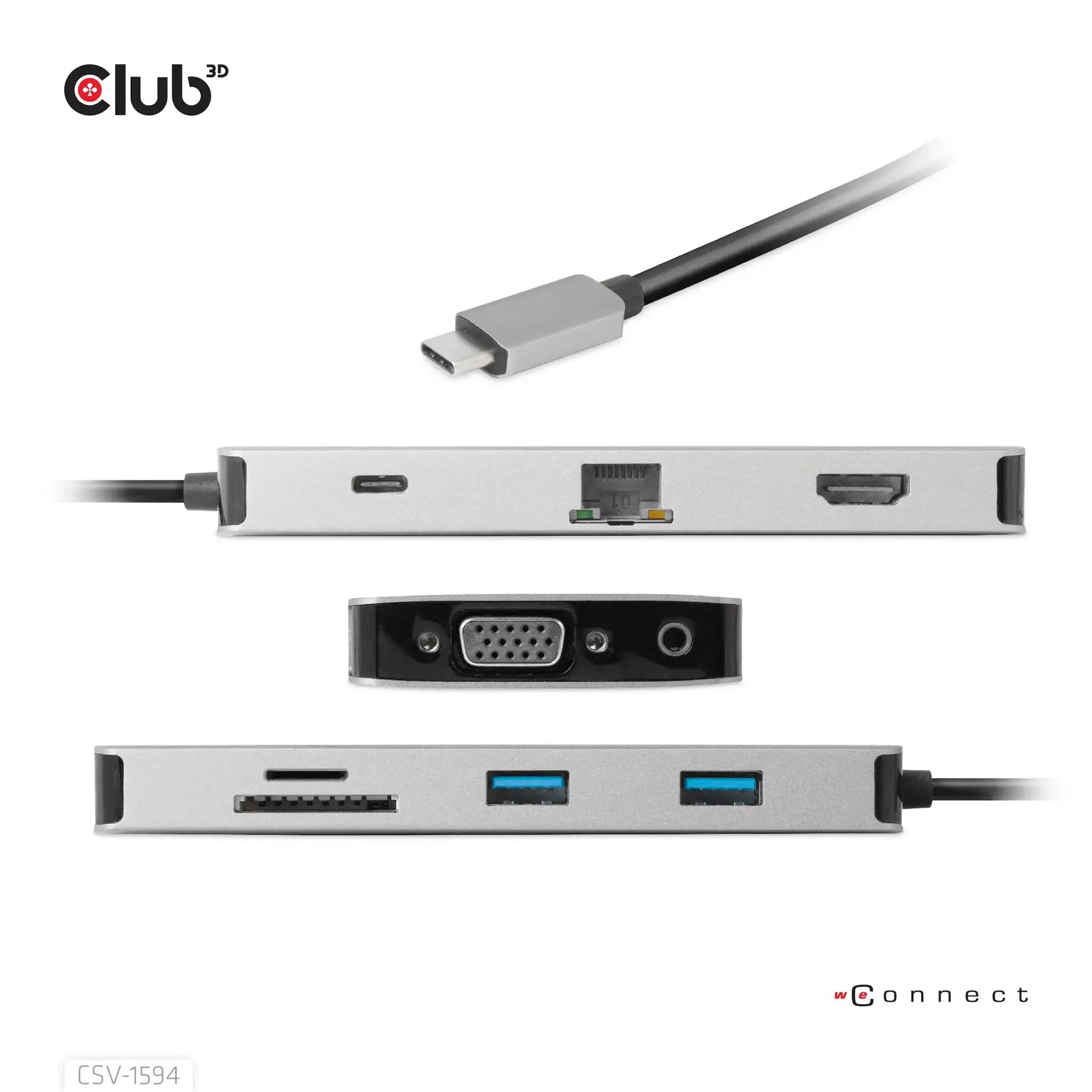 CLUB3D USB Gen1 Type-C 9-in-1 hub with HDMI, VGA, 2x USB Gen1 Type-A, RJ45, SD/Micro SD card slots and USB Gen1 Type-C Female port, USB 3.2 Gen 1 (3.1 Gen 1) Type-C, 3.5mm, HDMI, RJ-45, USB 3.2 Gen 1 (3.1 Gen 1) Type-A, USB 3.2 Gen 1 (3.1 Gen 1) Type-C, VGA, MicroSD (TransFlash), SD, 5000 Mbit/s, 60 Hz, 1920 x 1080 (HD 1080), 3860 x 2160