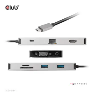CLUB3D USB Gen1 Type-C 9-in-1 hub with HDMI, VGA, 2x USB Gen1 Type-A, RJ45, SD/Micro SD card slots and USB Gen1 Type-C Female port, USB 3.2 Gen 1 (3.1 Gen 1) Type-C, 3.5mm, HDMI, RJ-45, USB 3.2 Gen 1 (3.1 Gen 1) Type-A, USB 3.2 Gen 1 (3.1 Gen 1) Type-C, VGA, MicroSD (TransFlash), SD, 5000 Mbit/s, 60 Hz, 1920 x 1080 (HD 1080), 3860 x 2160