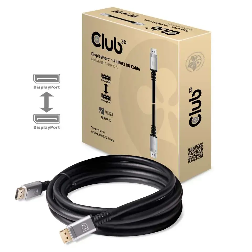 CLUB3D DisplayPort 1.4 HBR3 8K Cable M/M 4m /13.12ft, 4 m, DisplayPort, DisplayPort, Male, Male, 7680 x 4320 pixels