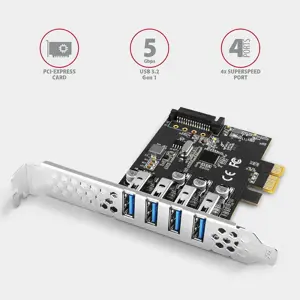 "Axagon PCI-Express" plokštė su keturiais išoriniais USB 3.2 Gen1 prievadais ir dvigubu maitinimu. "Renesas" mikroschemų rinkinys. Standartinė ir žemo profilio.