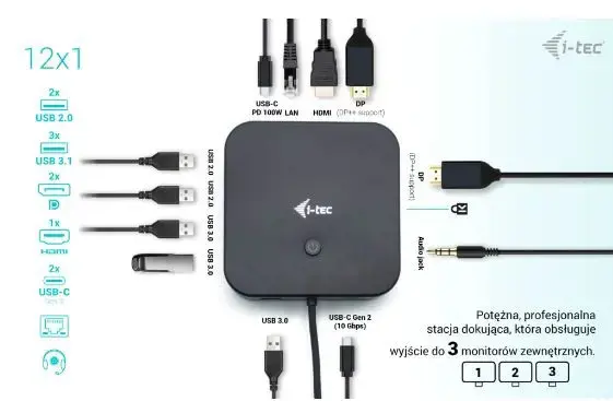 I-TEC USB-C HDMI Dual DP doko stotelė su 100 W maitinimo šaltiniu