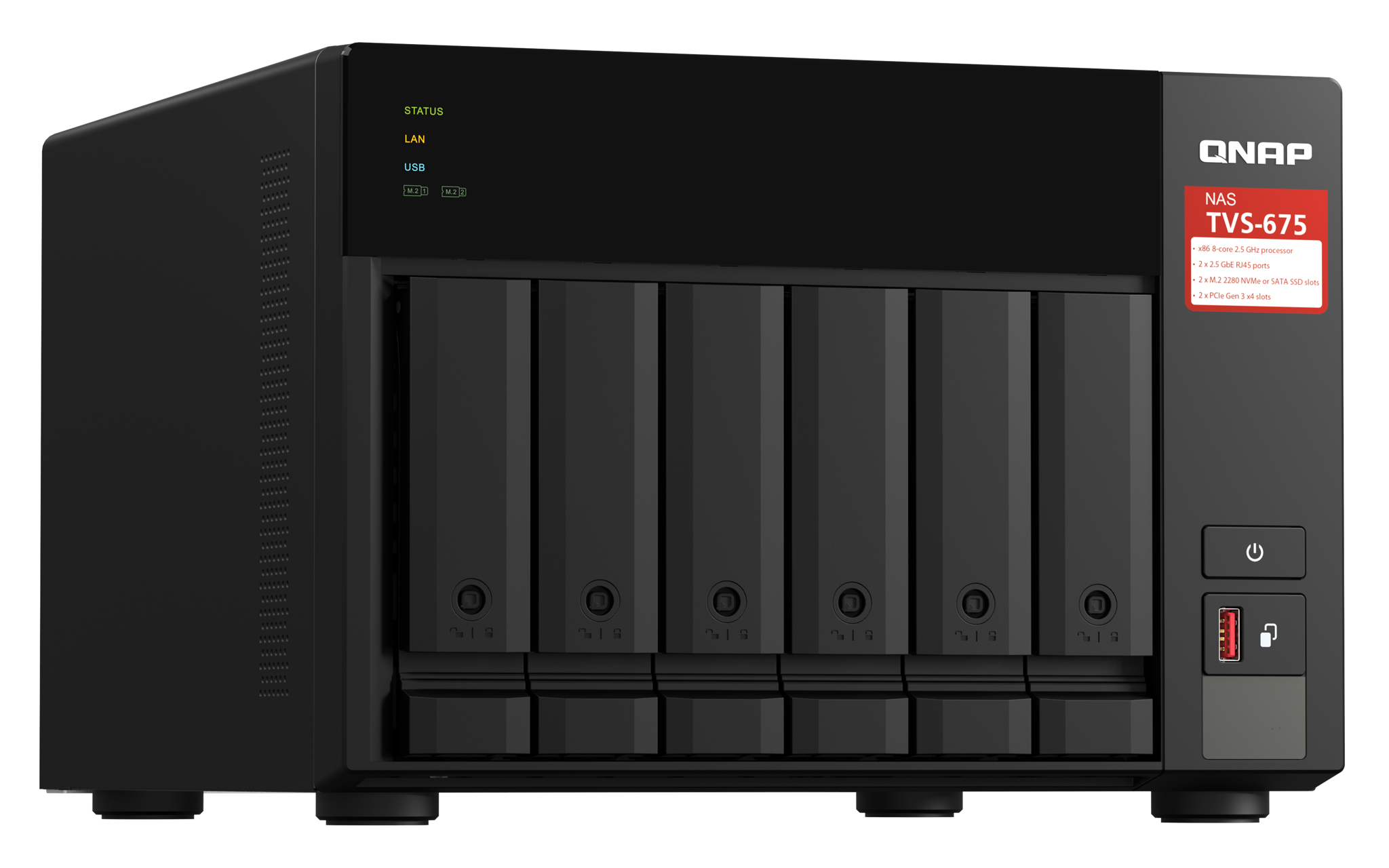QNAP TVS-675-8G 6-bay NAS KX-U6580 8C/8T 2.5GHz 8GB 6xSATA 6Gb/s bays 2xM.2 NVMe PCIe Gen3 SSD slots 2x2.5GbE LAN optional 10GbE