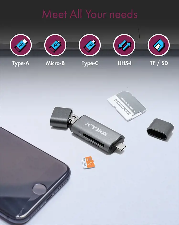 ICY BOX IB-CR200-C, MicroSD (TransFlash), SD, juoda, 480 Mbps, aliuminis, plastikas, 128 GB, USB 2.0