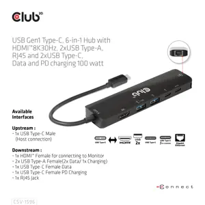 CLUB3D USB Gen1 Type-C, 6-in-1 Hub with HDMI 8K30Hz, 2xUSB Type-A, RJ45 and 2xUSB Type-C, Data and PD charging 100 watt, USB 3.2 Gen 1 (3.1 Gen 1) Type-C, HDMI, RJ-45, USB 3.2 Gen 1 (3.1 Gen 1) Type-A, USB 3.2 Gen 1 (3.1 Gen 1) Type-C, 5000 Mbit/s, 120 Hz, 7680 x 4320 pixels, Black
