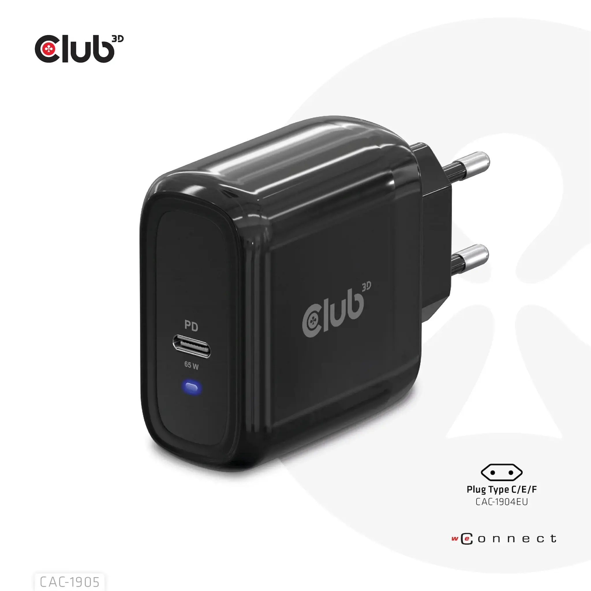 CLUB3D Travel Charger 65W GAN technology, Single port USB Type-C, Power Delivery(PD) 3.0 Support, Indoor, AC, Black