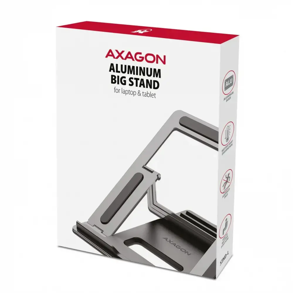 "Axagon STND-L NOTEBOOK STANDAlumininis stovas 10-16 colių nešiojamiesiems kompiuteriams. Keturios reguliuojamos padėtys.