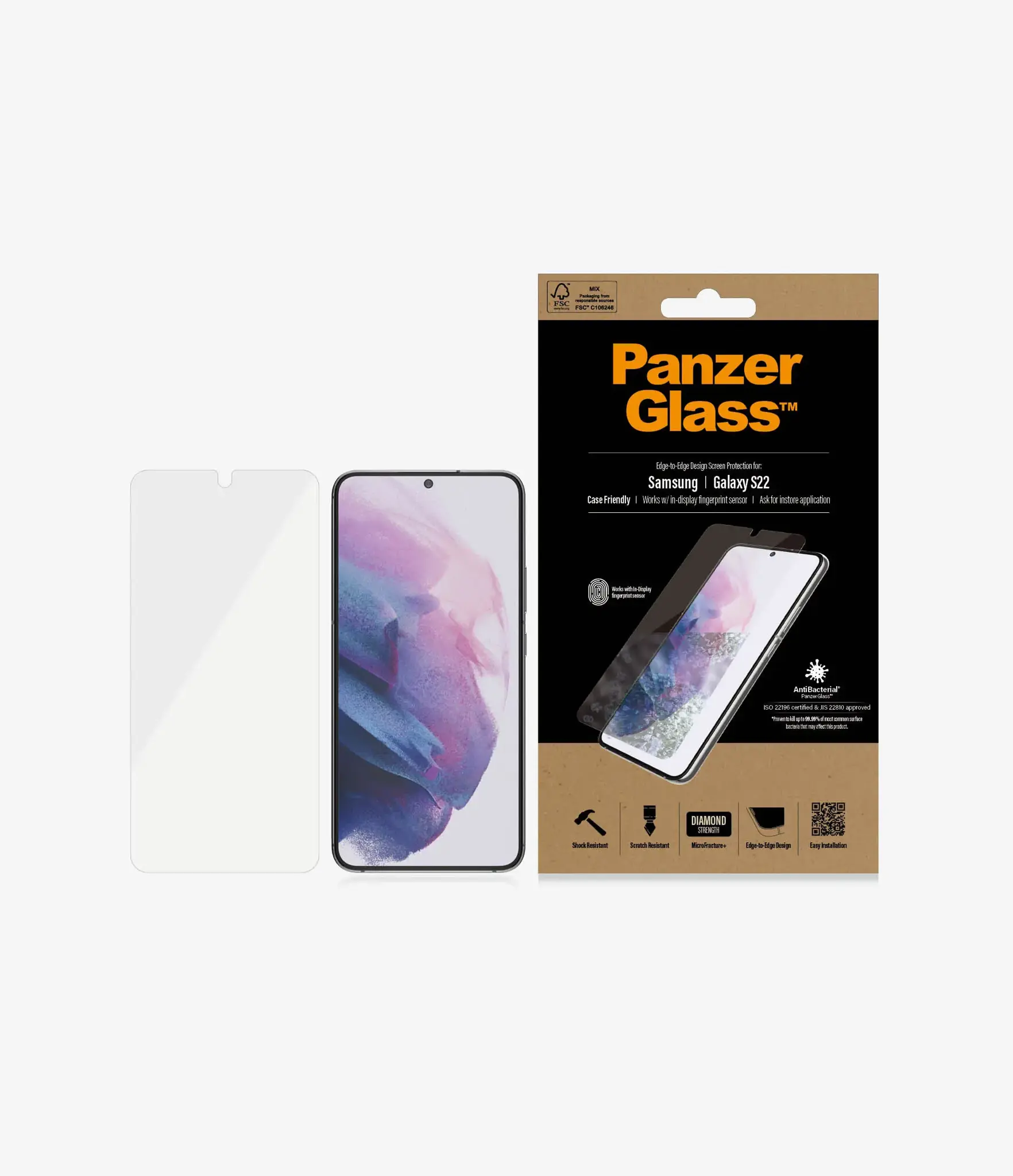 PanzerGlass™ UltraForce1 Samsung Galaxy S22 | Ekrano apsauga, Skaidri ekrano apsauga, Samsung, Samsung, Samsung - Galaxy S22, atspari įbrėžimams, atspari smūgiams, antibakterinė, skaidri, 1 vnt.