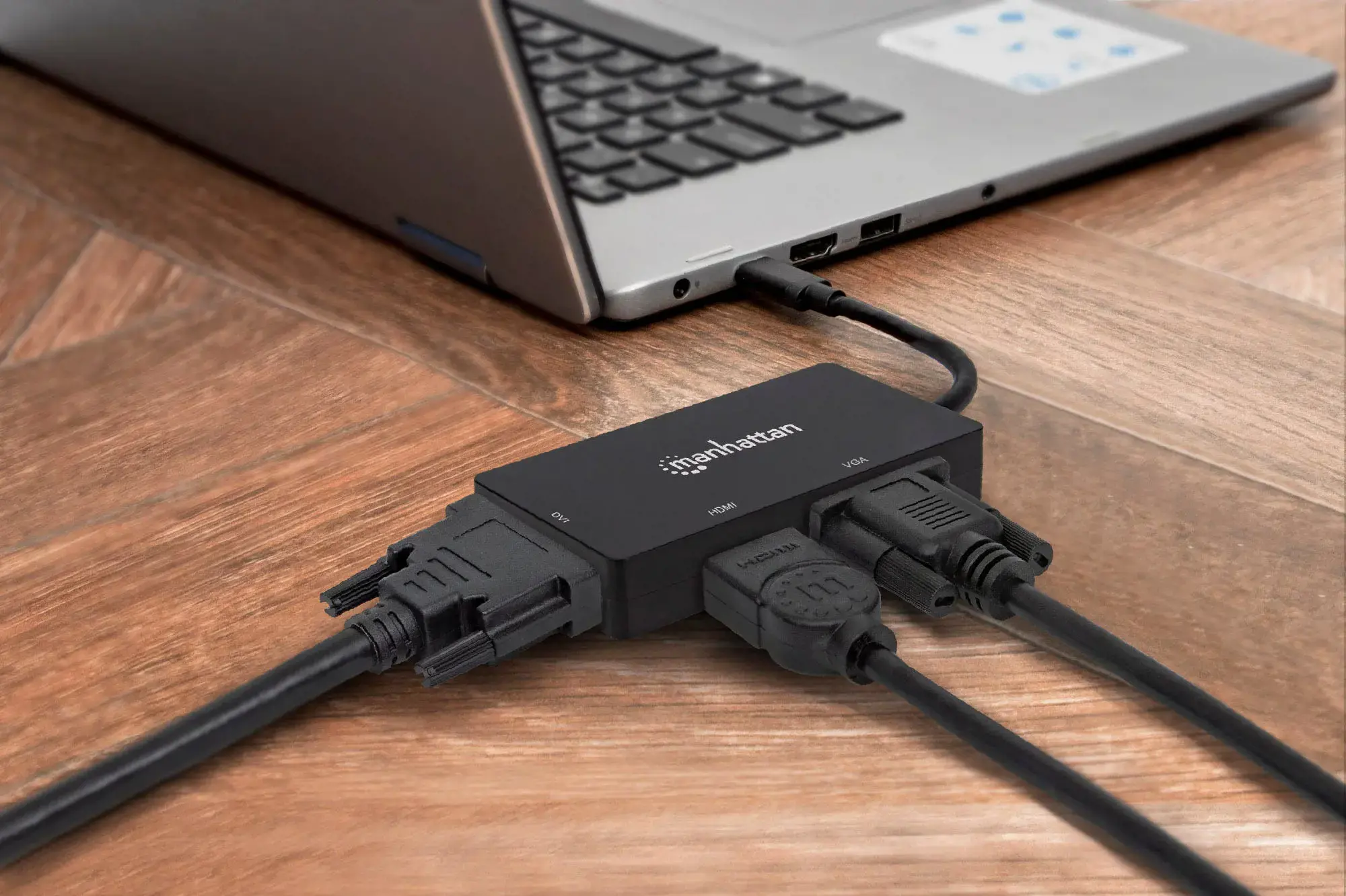 Manhattan USB-C Dock/Hub, Ports (x3): DVI-I, HDMI and VGA Ports, Note: Only One Port can be used at a time, External Power Supply Not Needed, Cable 10cm, Black, Three Year Warranty, Blister, 3840 x 2160 pixels