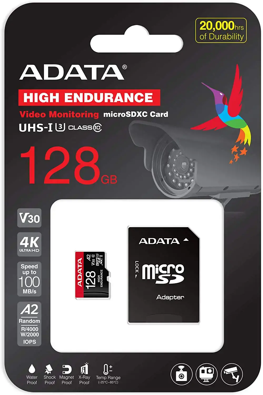 ADATA AUSDX128GUI3V30SHA2-RA1 Atminties kortelė 128 GB, "MicroSDXC", 10 klasės "Flash" atmintis, adapteris, 80 MB/s, 100 MB/s