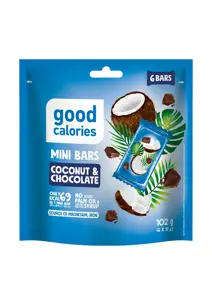 Mini riešutų batonėliai GOOD CALORIES su kokosais ir šokoladu, 102 g