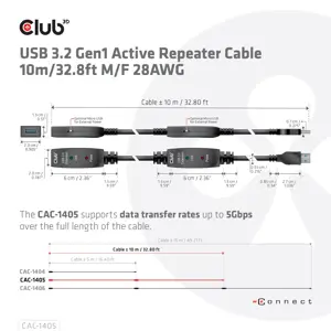 CLUB3D USB 3.2 Gen1 Active Repeater Cable 10m / 32.8ft M/F 28AWG, 10 m, USB A, USB A, USB 3.2 Gen 2 (3.1 Gen 2), Black
