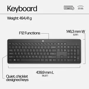 HP 230 Wireless Mouse and Keyboard Combo, Full-size (100%), Wireless, RF Wireless, Membrane, Black, Mouse included