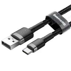 "Baseus Cafule Cable" patvarus nailono kabelis USB / USB-C QC3.0 2A 2M juodai pilkas (Juoda-pilka)