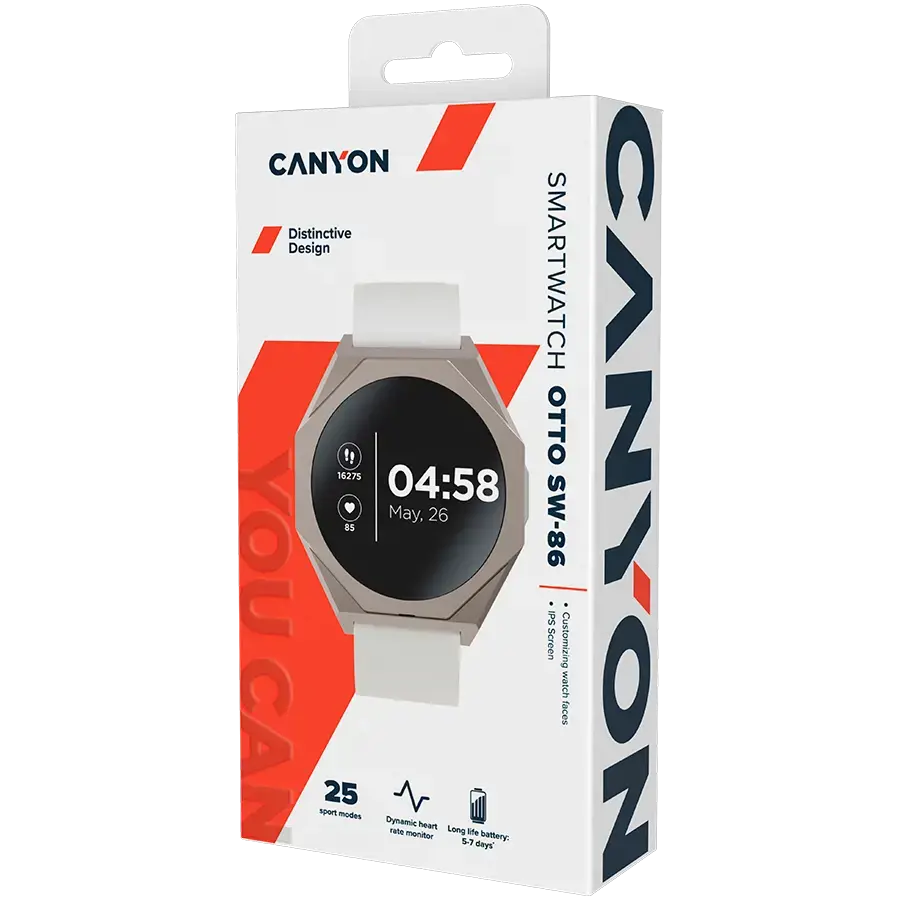 CANYON Otto SW-86, išmanusis laikrodis Realtek 8762DK LCD 1.3'' LTPS 360X360px, G+F 1+gesture 192KB ličio jonų polimero baterija 3.7v 280mAh, sidabrinis aliuminio lydinio korpuso vidurinis rėmas + plastikinis apatinis korpusas + baltas silikoninis dirželis + sidabrinė dirželio sagtis šeimininkas: 45.4*42.4*9.6mm S