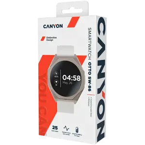 CANYON Otto SW-86, išmanusis laikrodis Realtek 8762DK LCD 1.3'' LTPS 360X360px, G+F 1+gesture 192KB ličio jonų polimero baterija 3.7v 280mAh, sidabrinis aliuminio lydinio korpuso vidurinis rėmas + plastikinis apatinis korpusas + baltas silikoninis dirželis + sidabrinė dirželio sagtis šeimininkas: 45.4*42.4*9.6mm S