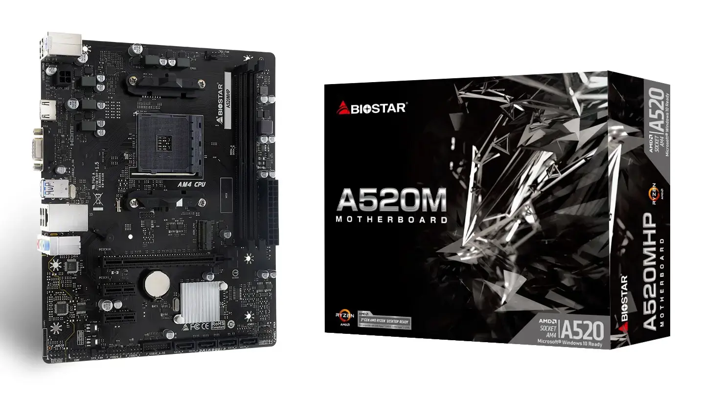 Mainboard BIOSTAR AMD A520 SAM4 Micro-ATX Memory DDR4 Memory slots 2 2xPCI-Express 3.0 1x 1xPCI-Express 3.0 16x 1xM.2 1x15pin D-sub 1xHDMI 4xUSB 2.0 2xUSB 3.2 1xPS/2 1xRJ45 3xAudio port A520MHP