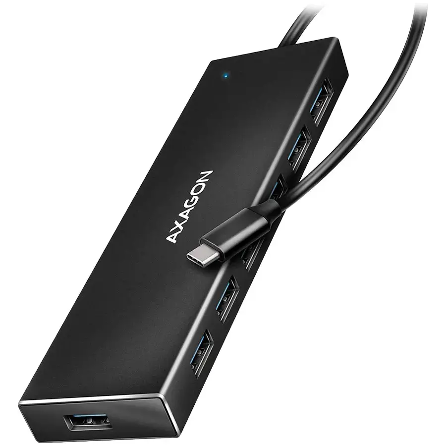 "Axagon" septynių prievadų USB 3.2 Gen 1 šakotuvas su įkrovimo palaikymu. Išorinio maitinimo šaltinio jungtis. 30 cm ilgio USB-C laidas.