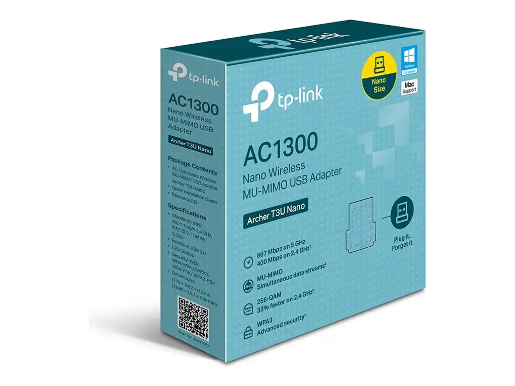 "TP-Link AC1300 Nano Wireless MU-MIMO USB adapteris, belaidis, USB, WLAN, "Wi-Fi 5" (802.11ac), 1267 Mbps, juodas
