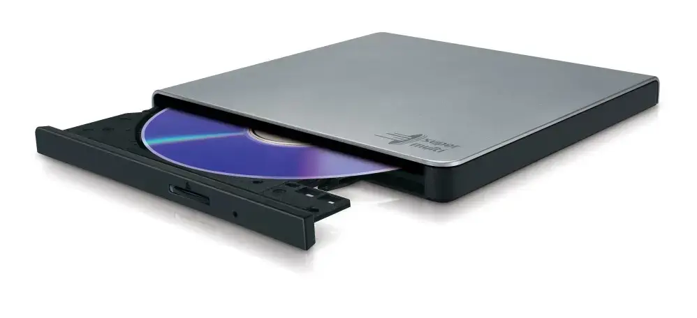 "Hitachi-LG Slim" nešiojamasis DVD įrašymo įrenginys, sidabrinės spalvos, dėklas, stalinis/nešiojamasis kompiuteris, DVD±RW, USB 2.0, 60000 h