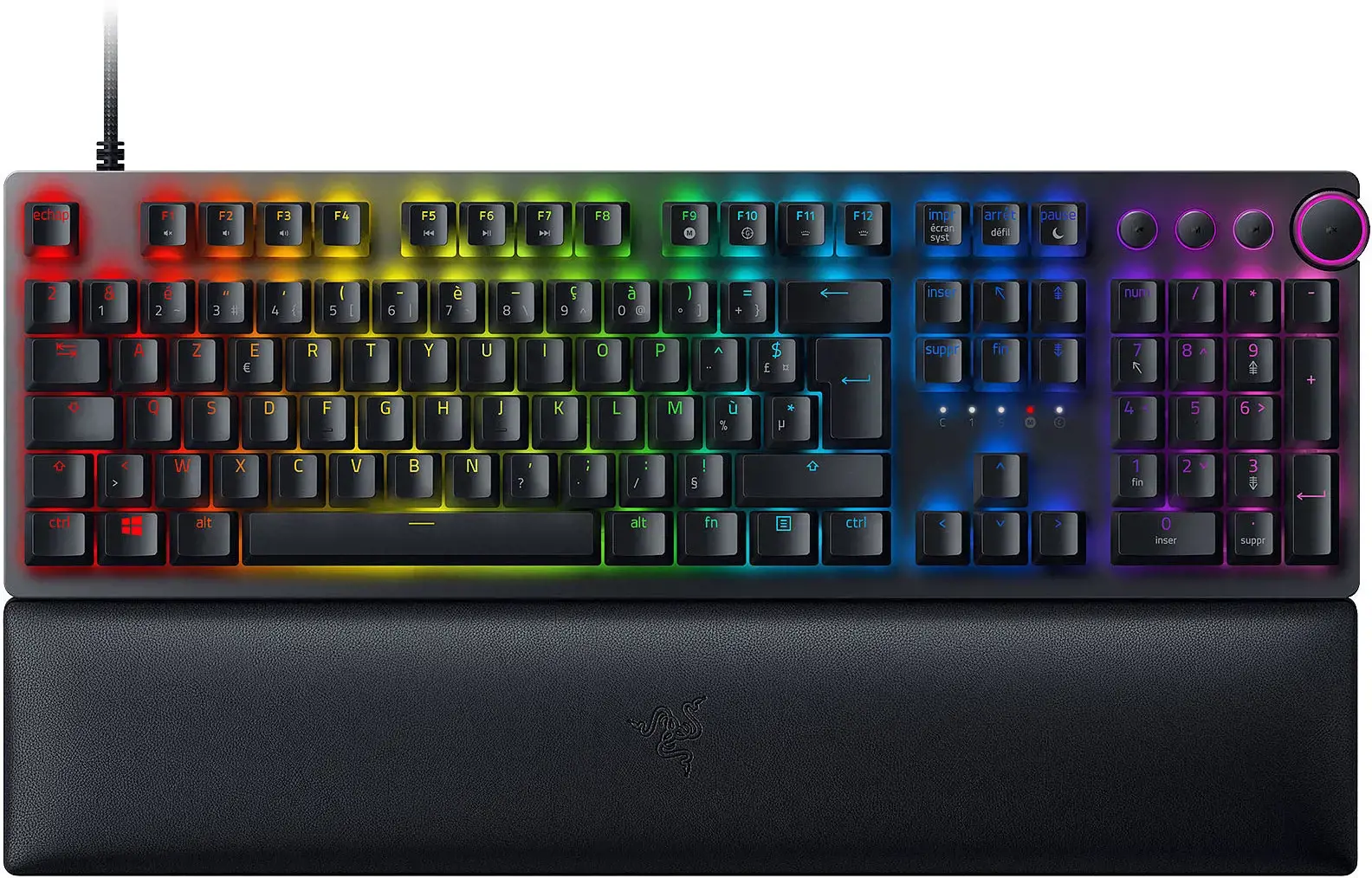 "Razer Huntsman V2" optinė žaidimų klaviatūra su RGB LED apšvietimu, šiaurietiškas išdėstymas, laidinė, juoda, "Clicky Purple" jungiklis, skaitmeninė klaviatūra