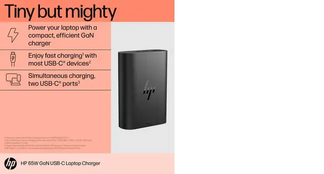 HP 65W GaN USB-C nešiojamojo kompiuterio įkroviklis, vidinis, USB, 1 m, juodas