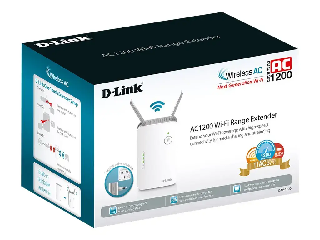 D-Link DAP-1620/E, Tinklo kartotuvas, 10/100/1000Base-T(X), IEEE 802.11a, IEEE 802.11b, IEEE 802.11g, IEEE 802.11n, IEEE 802.3ac, 802.11a, "Wi-Fi 5" (802.11ac), 802.11b, 802.11g, "Wi-Fi 4" (802.11n), 1200 Mbps, WPA, WPA2, WPS