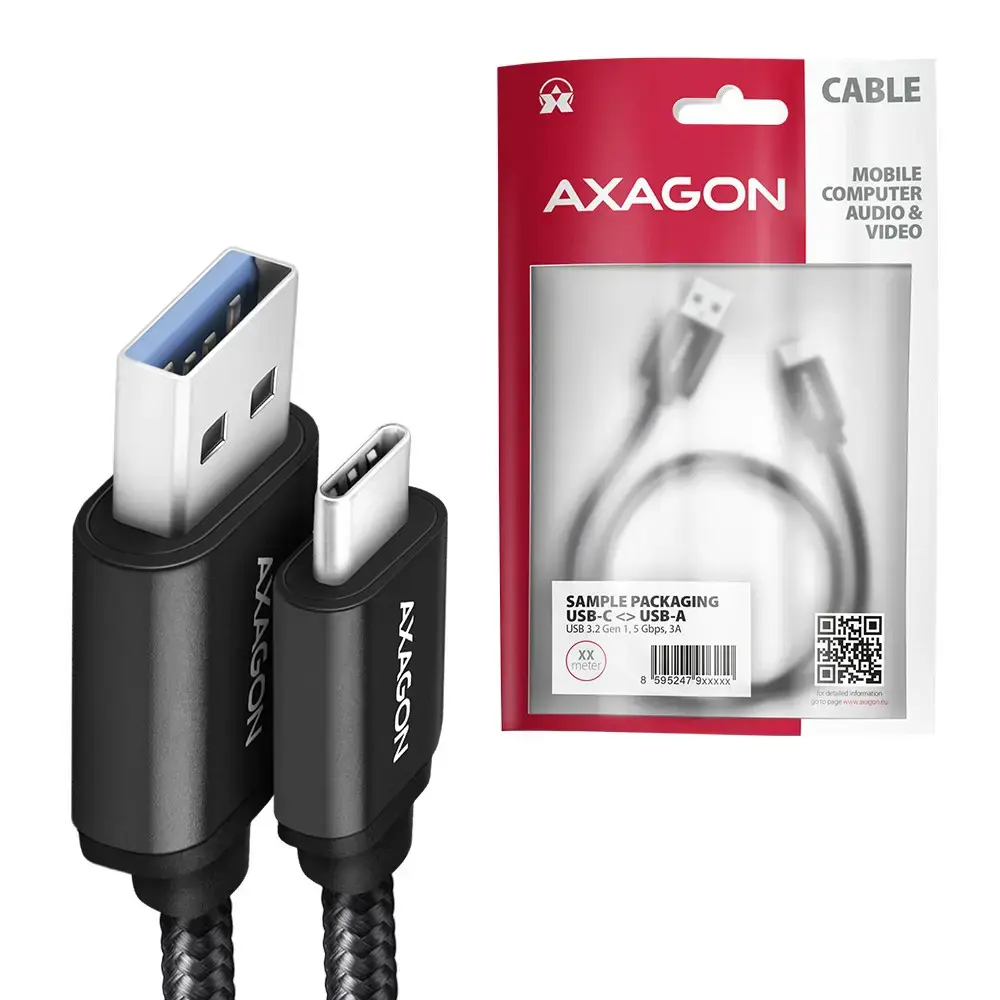 Axagon Duomenų perdavimo ir įkrovimo USB 3.2 Gen 1 kabelis, ilgis 1 m. 3A. Juodos spalvos pintas.