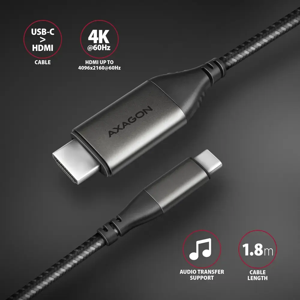 AXAGON RVC-HI2MC USB-C -> HDMI 2.0 adapteris 4K/60Hz Aliuminis, 1,8 m ilgio kabelis