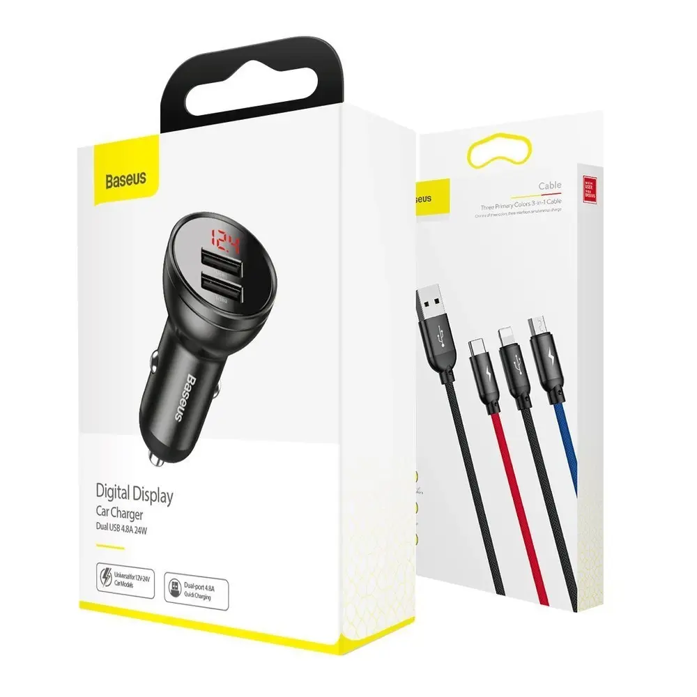 Baseus Digital Display Dual USB 4.8A Car Charger 24W + 3in1 USB - UBS Type C | micro USB | Lightning 1,2m cable black (TZCCBX-0G)