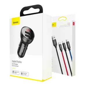 Baseus Digital Display Dual USB 4.8A Car Charger 24W + 3in1 USB - UBS Type C | micro USB | Lightning 1,2m cable black (TZCCBX-0G)