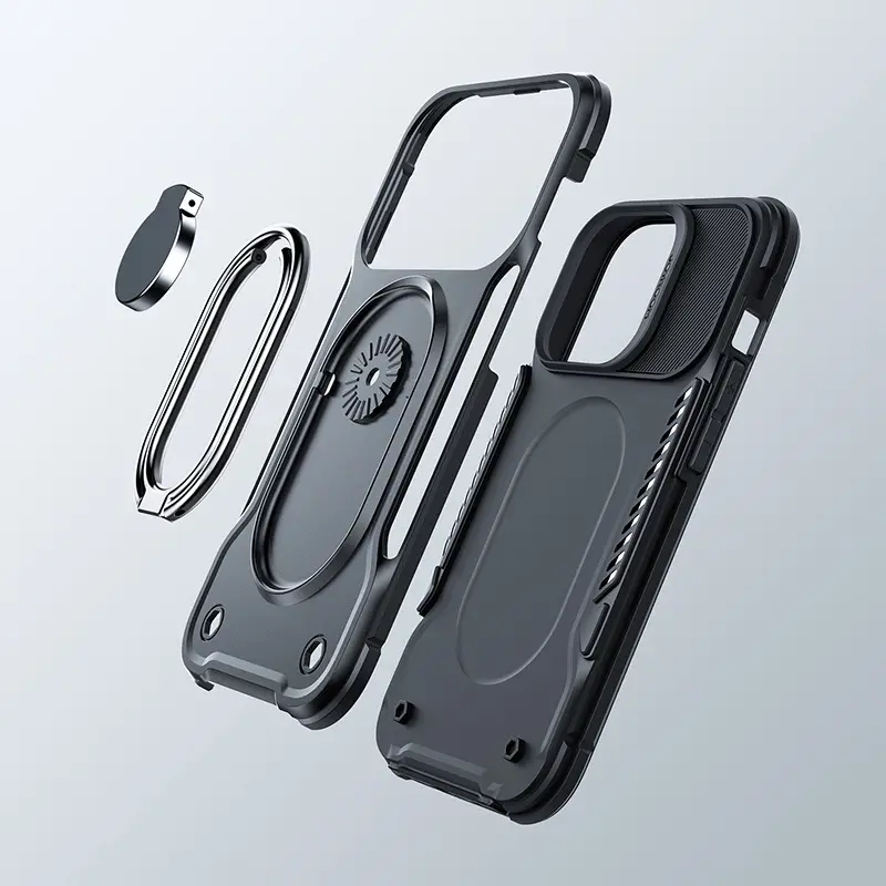 "Joyroom Dual Hinge" dėklas "iPhone 14 Pro" šarvuotas dėklas su stovu ir žiedo laikikliu, juodas