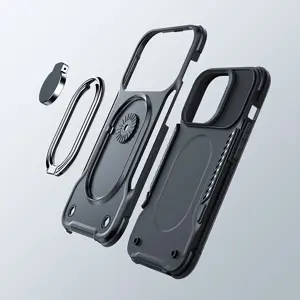 "Joyroom Dual Hinge" dėklas "iPhone 14 Pro" šarvuotas dėklas su stovu ir žiedo laikikliu, juodas
