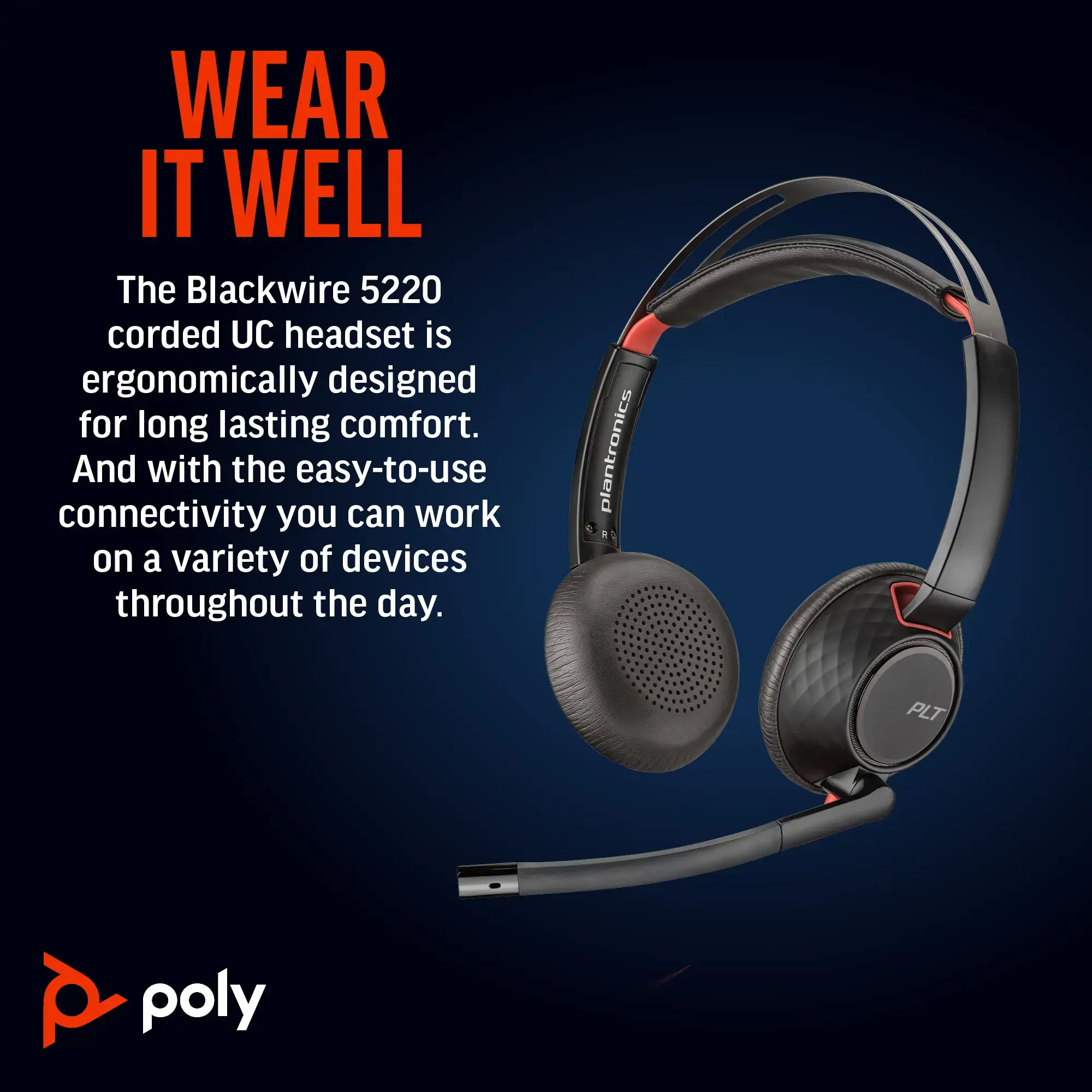 POLY Blackwire 5220 Stereo USB-C Headset +3.5mm Plug +USB-C/A Adapter, Wired, Business/Everyday, 162.5 g, Headset, Black