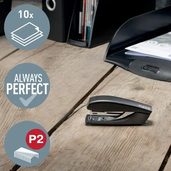 Leitz NeXXt 56170095, 10 sheets, Black, Standard clinch, P2, Metal, Plastic, 80 g/m²