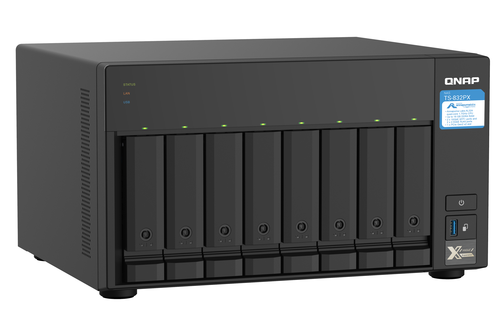 QNAP TS-832PX, NAS, bokštas, "Annapurna Labs", AL324, aliuminis, juodas