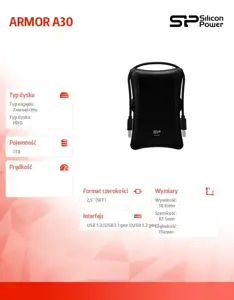 SILICON POWER Išorinis kietasis diskas Armor A30 1TB 2,5 colio USB 3.2 nuo smūgių Juoda MIL-STD 810F metodas 516.5 IV procedūra LED šviesa