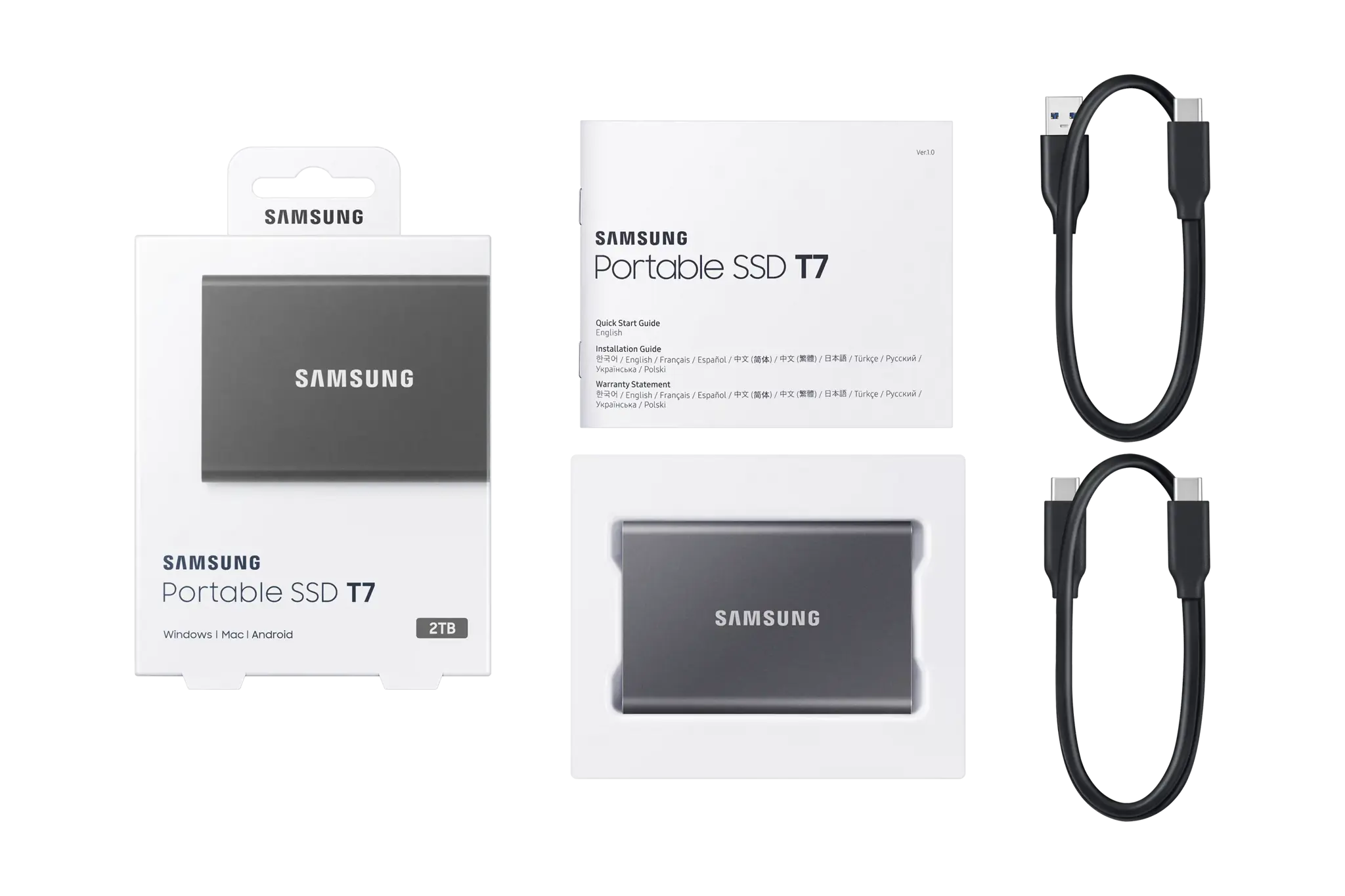 "Samsung" nešiojamasis SSD diskas T7, 2000 GB, C tipo USB, 3.2 Gen 2 (3.1 Gen 2), 1050 MB/s, apsauga nuo slaptažodžio, pilkas