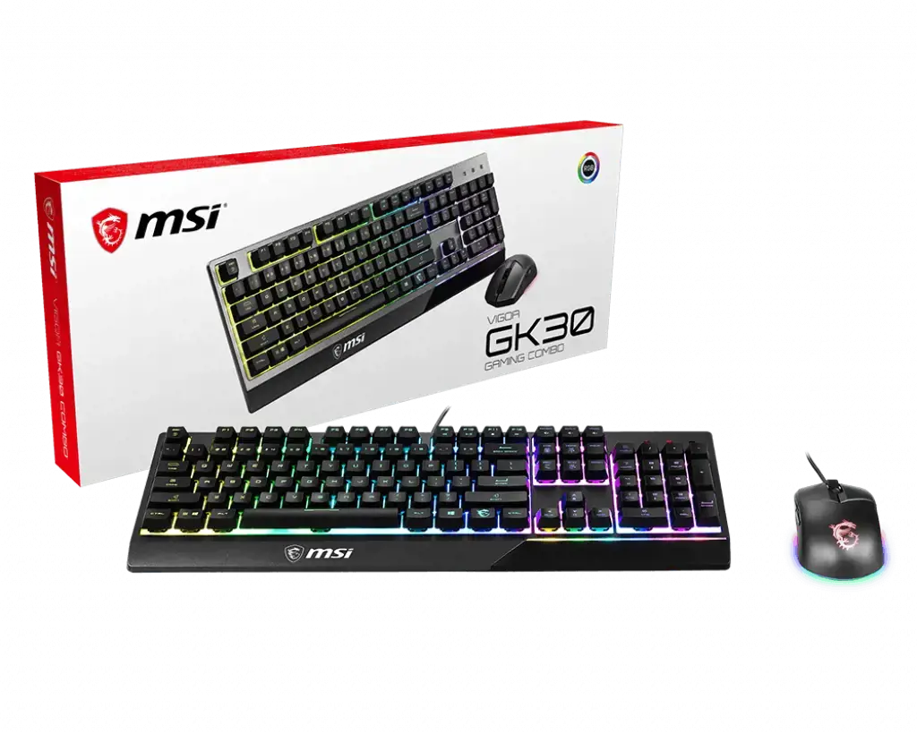 MSI VIGOR GK30 COMBO RGB MEMchanical Gaming Keyboard + Clutch GM11 Gaming Mouse ' UK Layout, 6 zonų RGB apšvietimo klaviatūra, dviejų zonų RGB apšvietimo pelė, 5000 DPI optinis jutiklis, RGB Mystic Light', USB, mechaninė, QWERTY, RGB LED, juoda, pelė pridedama