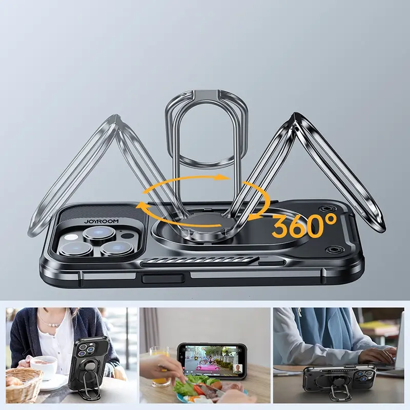 "Joyroom Dual Hinge" dėklas "iPhone 14 Pro" šarvuotas dėklas su stovu ir žiedo laikikliu, juodas