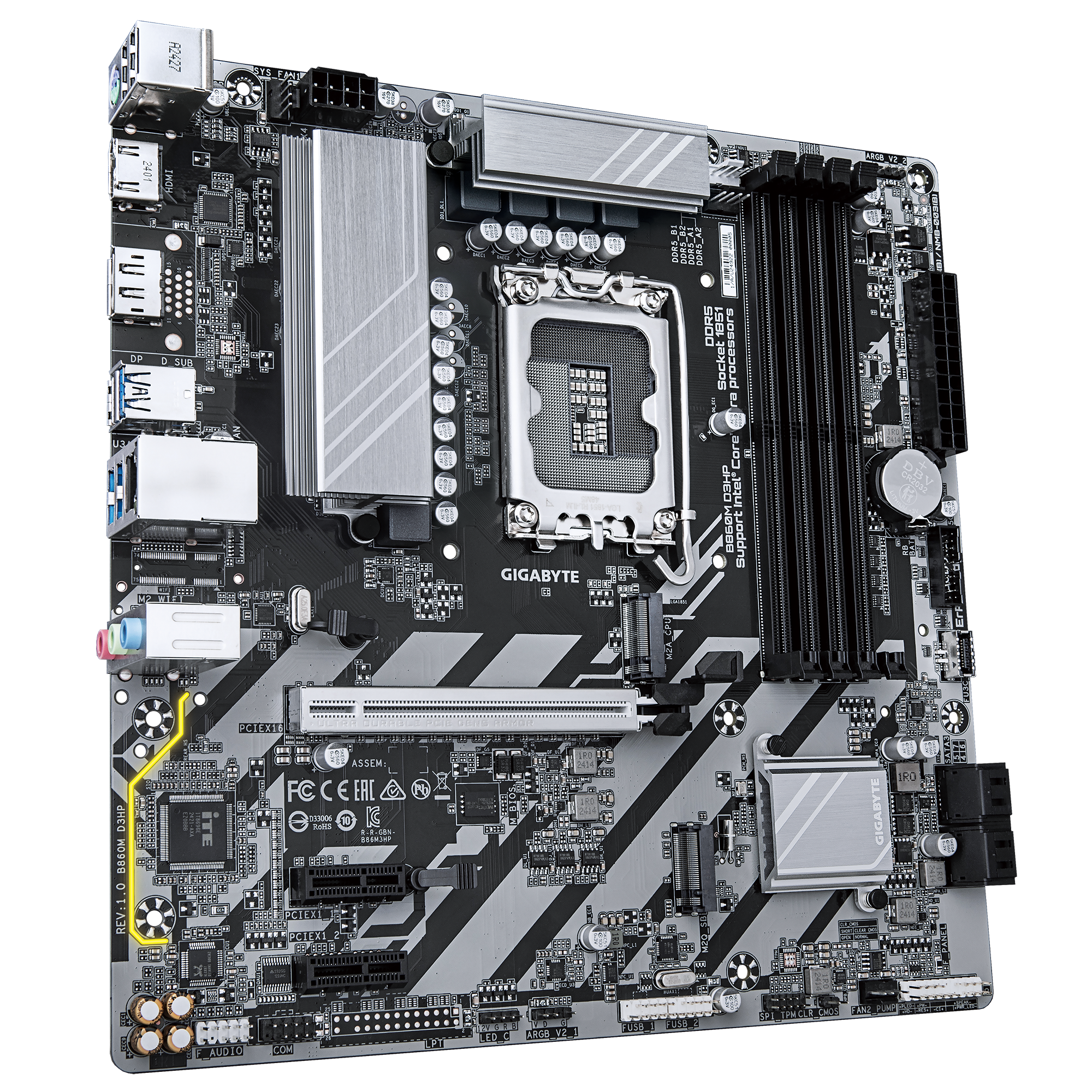 Mainboard GIGABYTE Intel B860 Express LGA1851 Micro-ATX Memory DDR5 Memory slots 4 2xPCI-Express 1x 1xPCI-Express 16x 2xM.2 1xHDMI 1xDisplayPort 1xAudio-In 1xAudio-Out 1xMicrophone 3xUSB 2.0 3xUSB 3.2 1xPS/2 1xRJ45 B860MD3HP1.0