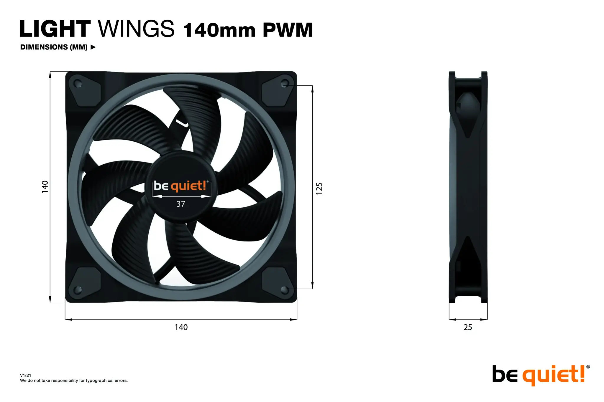 Būkite tylūs! "Light Wings" 140 mm ARGB PWM ventiliatorius, juodas, ventiliatorius, 14 cm, 1500 aps/min, 23,3 dB, 56 cfm, 95,14 m³/h