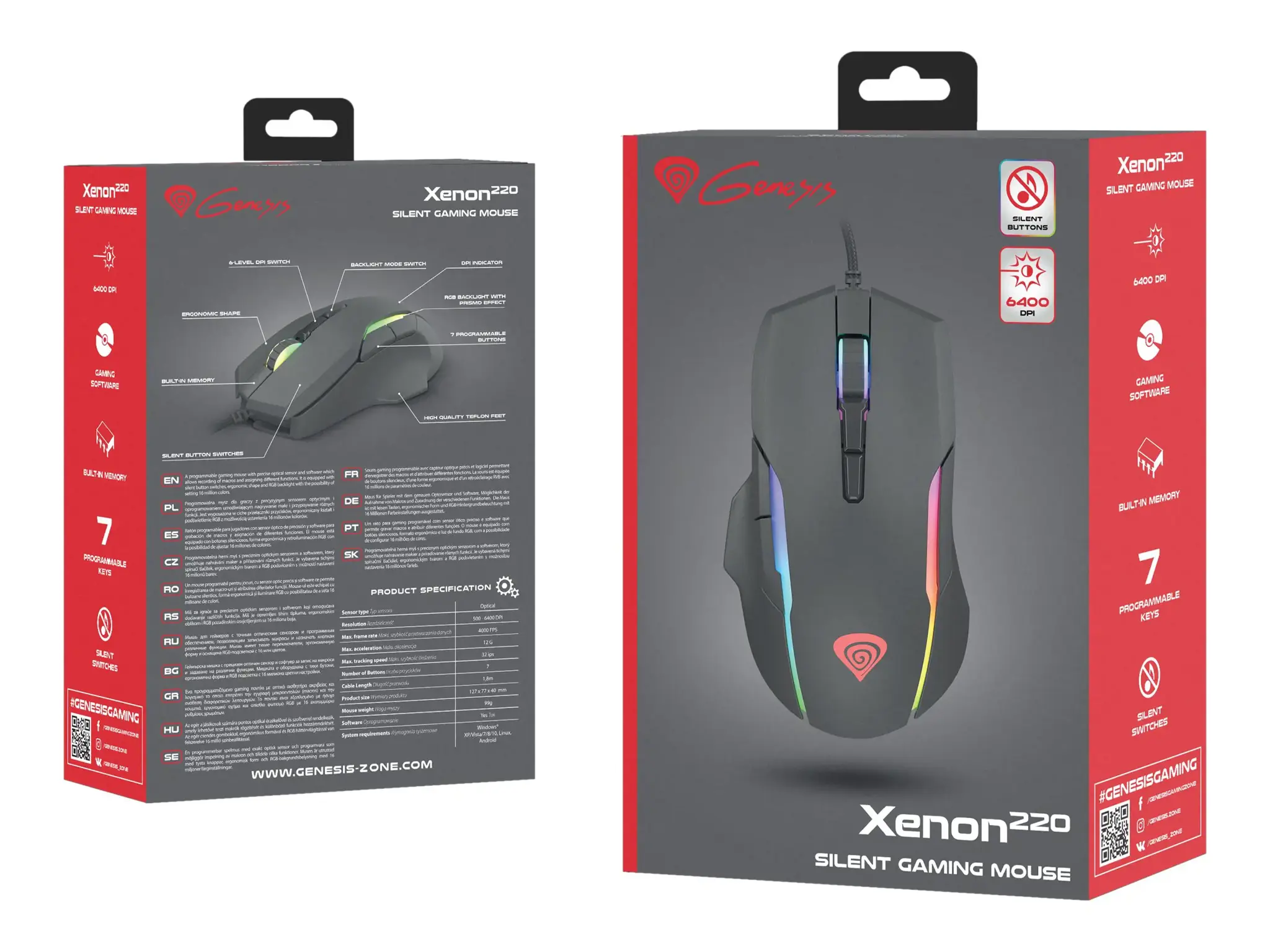 NATEC Genesis žaidimų pelė Xenon 220 optinė 6400DPI su programine įranga RGB apšviesta juoda