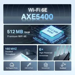 "TP-Link Archer AXE5400" trijuostis gigabitinis "Wi-Fi 6E" maršrutizatorius, "Wi-Fi 6E" (802.11ax), trijuostis (2,4 GHz / 5 GHz / 6 GHz), Ethernet LAN, juodas, stalinis maršrutizatorius