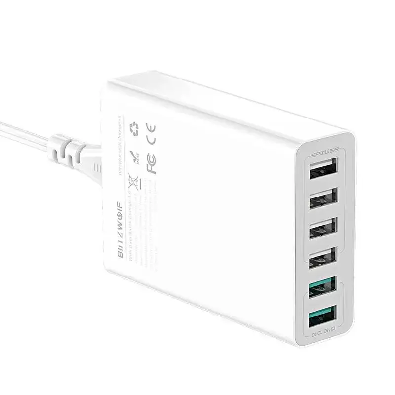 BlitzWolf BW-S15 kelioninis įkroviklis 6 x USB / 60W / 4.8A / Quick Charge 3.0 baltas