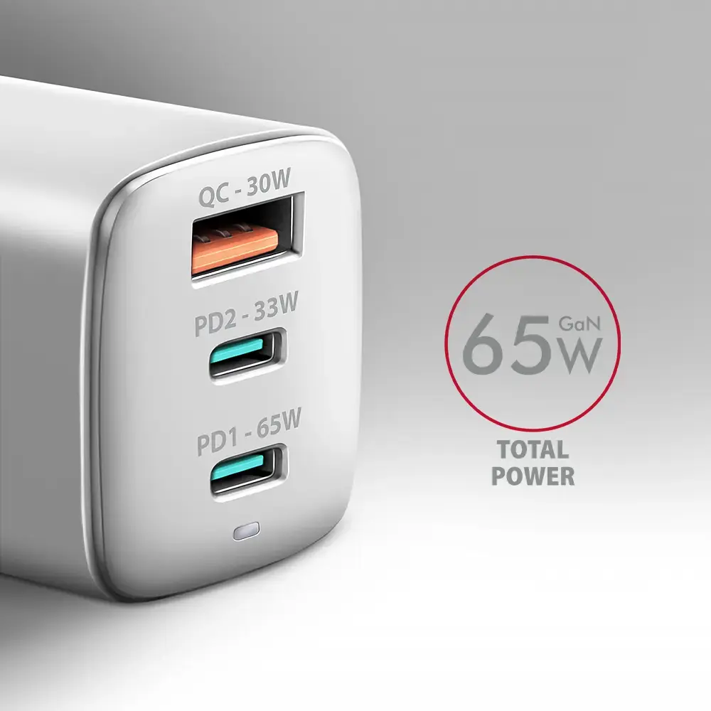 AXAGON ACU-DPQ65W GaN Wall charger, 3x port (USB + dual USB-C), PD3.0/QC4+/PPS/Apple, 65W, white