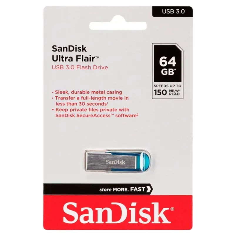 "SanDisk Ultra Flair" 64 GB, USB 3.0, 150 MB/s skaitymo sparta - tropinė mėlyna ; EAN:619659163051