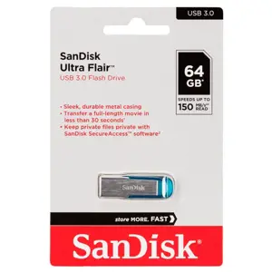 "SanDisk Ultra Flair" 64 GB, USB 3.0, 150 MB/s skaitymo sparta - tropinė mėlyna ; EAN:619659163051