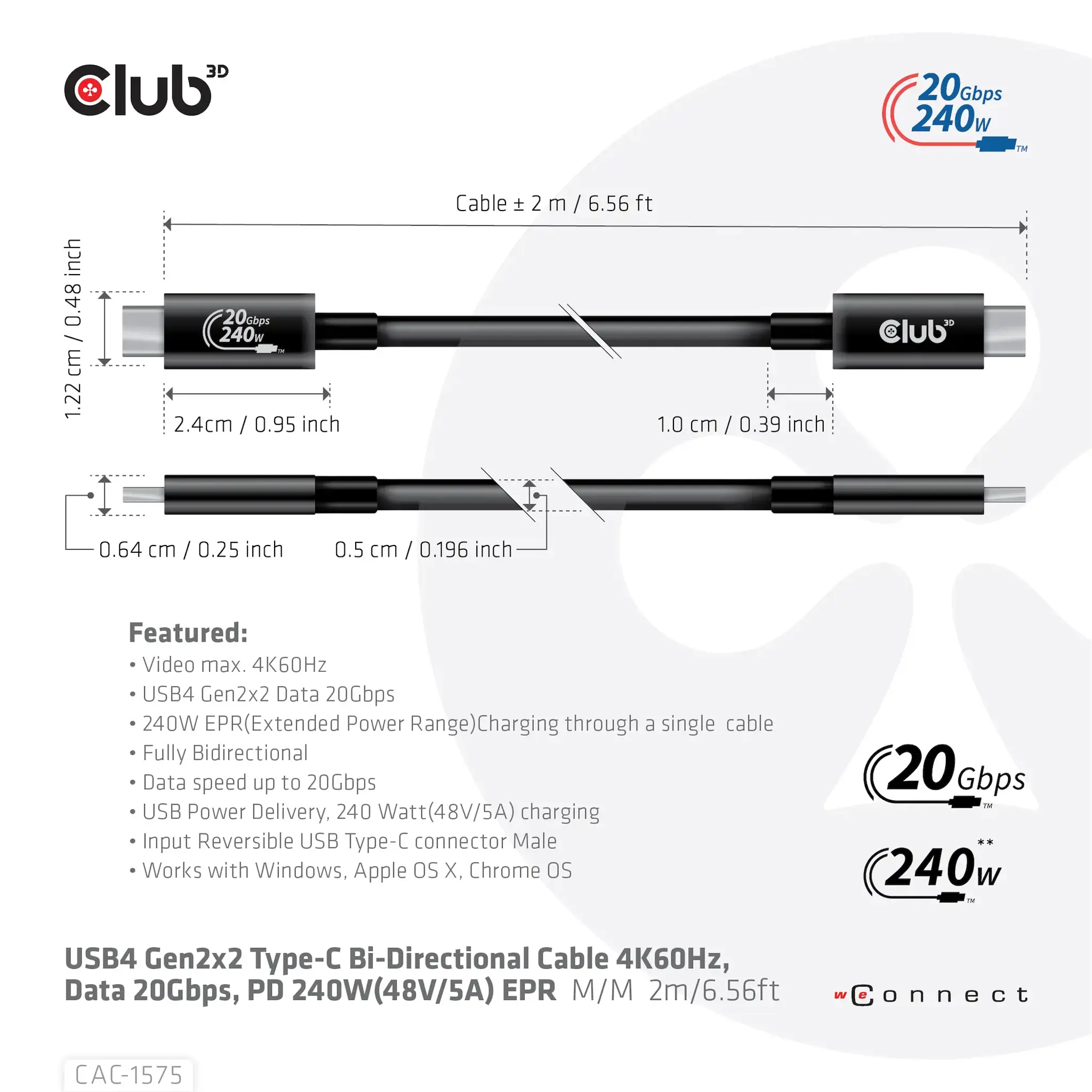 CLUB3D USB4 Gen2x2 Type-C Bi-Directional Cable 4K60Hz, Data 20Gbps, PD 240W(48V/5A) EPR M/M 2m, 2 m, USB C, USB C, USB4 Gen 2x2, 20000 Mbit/s, Black