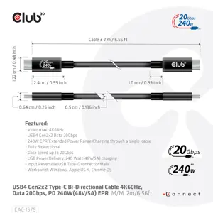 CLUB3D USB4 Gen2x2 Type-C Bi-Directional Cable 4K60Hz, Data 20Gbps, PD 240W(48V/5A) EPR M/M 2m, 2 m, USB C, USB C, USB4 Gen 2x2, 20000 Mbit/s, Black