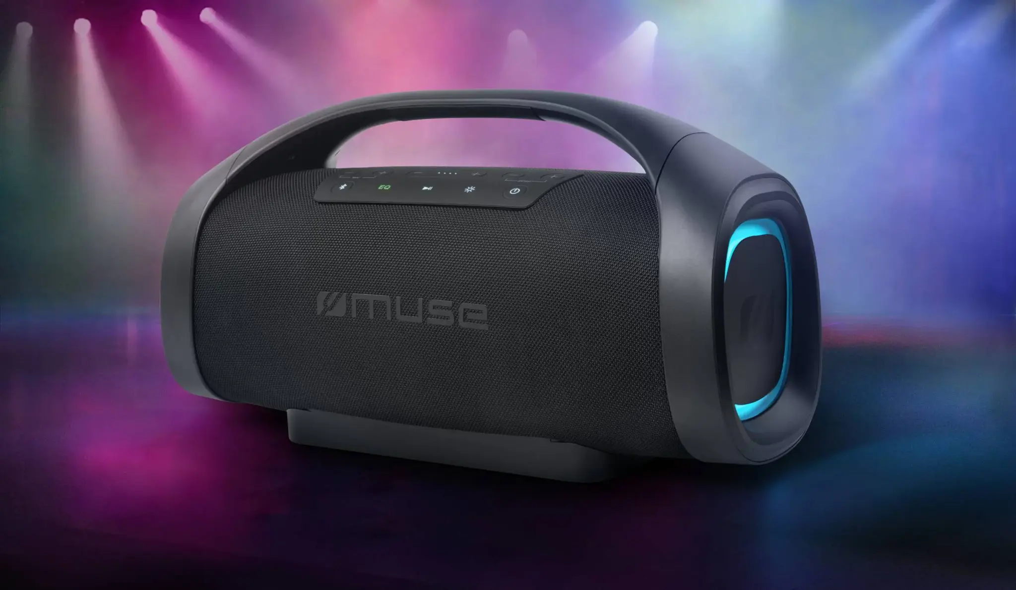"Muse" nešiojamasis "Bluetooth" garsiakalbis, atsparus purslams, juodas